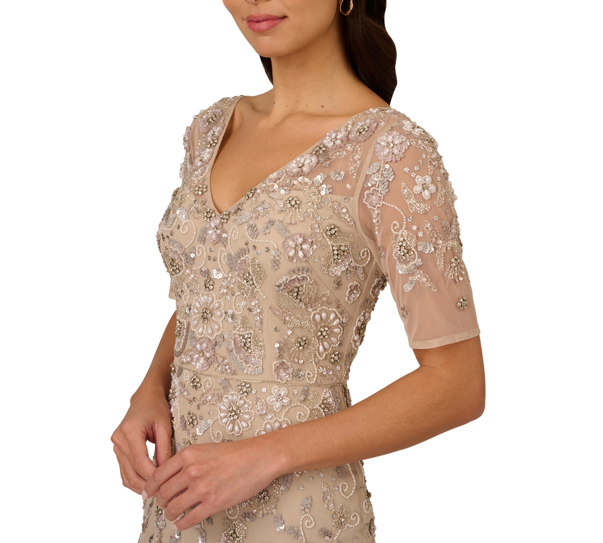 Adrianna Papell Beaded Mesh Gown In Biscotti