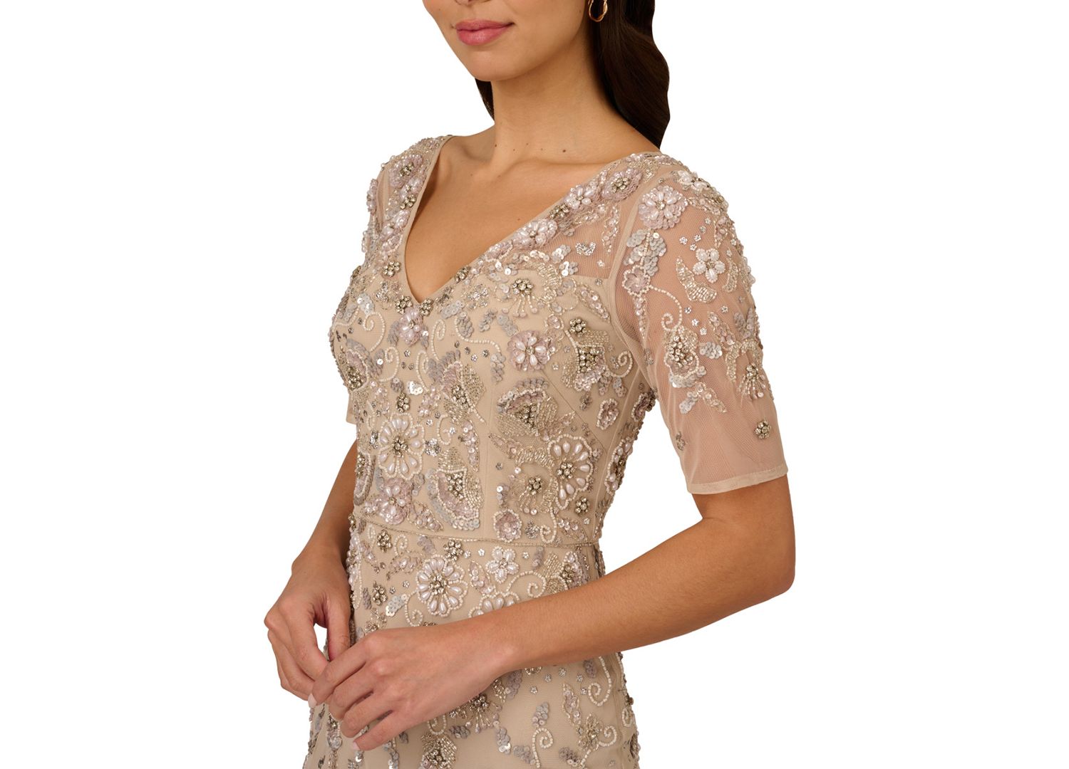 Women's V-Neck Beaded Short-Sleeve Mesh Gown