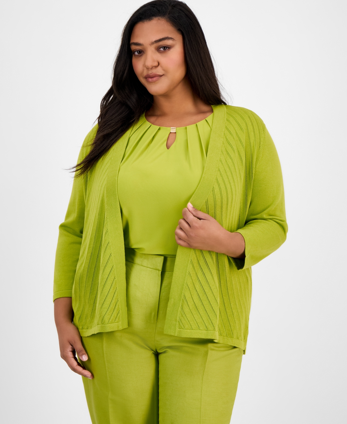 Kasper Plus Size Diagonal Stitch Open-front Cardigan In Kiwi