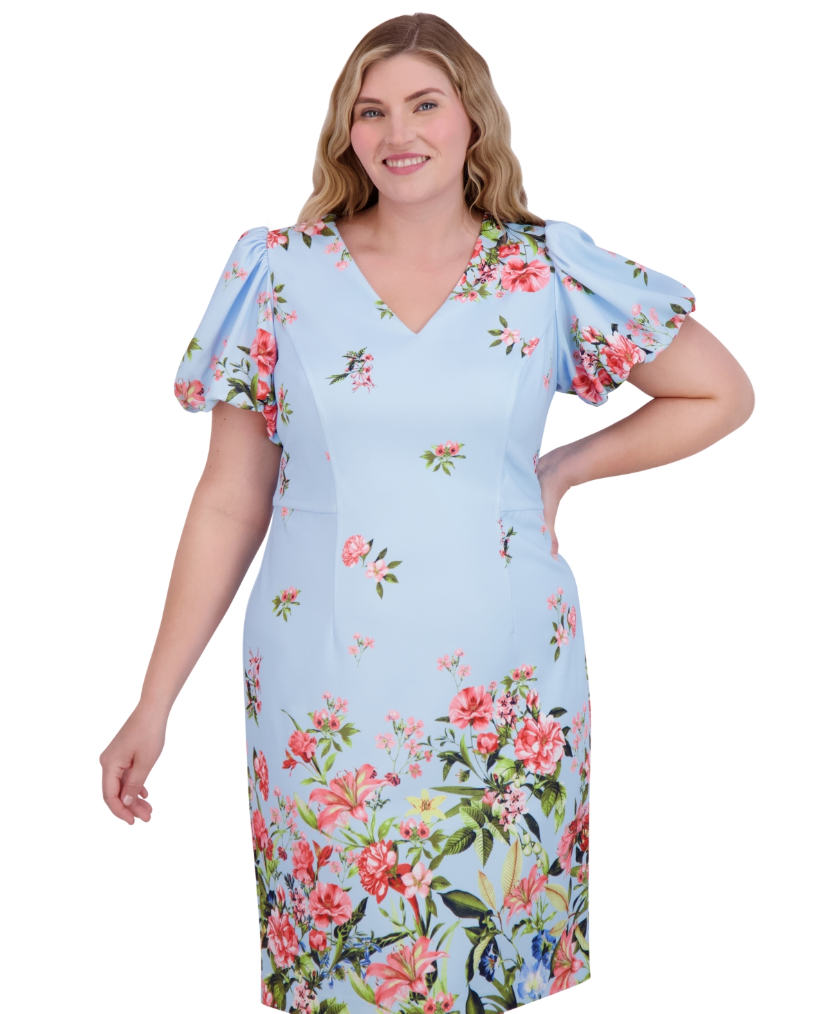 ELIZA J PLUS SIZE PRINTED V-NECK PUFF-SLEEVE DRESS 