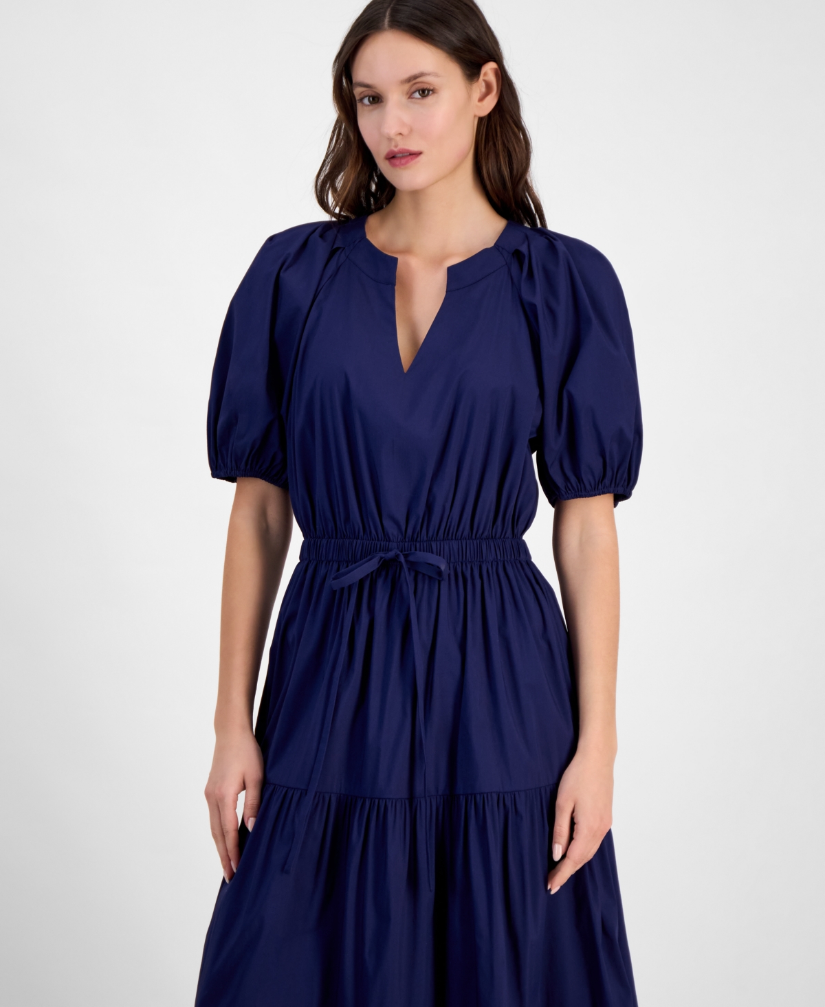 Anne Klein Petite Puff-sleeve Tiered Denim Midi Dress In Blue