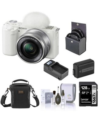 ZV-E10 Mirrorless Vlog Camera with 16-50mm Lens, White - Bundle with 128GB SD Card, Shoulder Bag, Extra Battery, Charger, 40.5mm Filter Kit