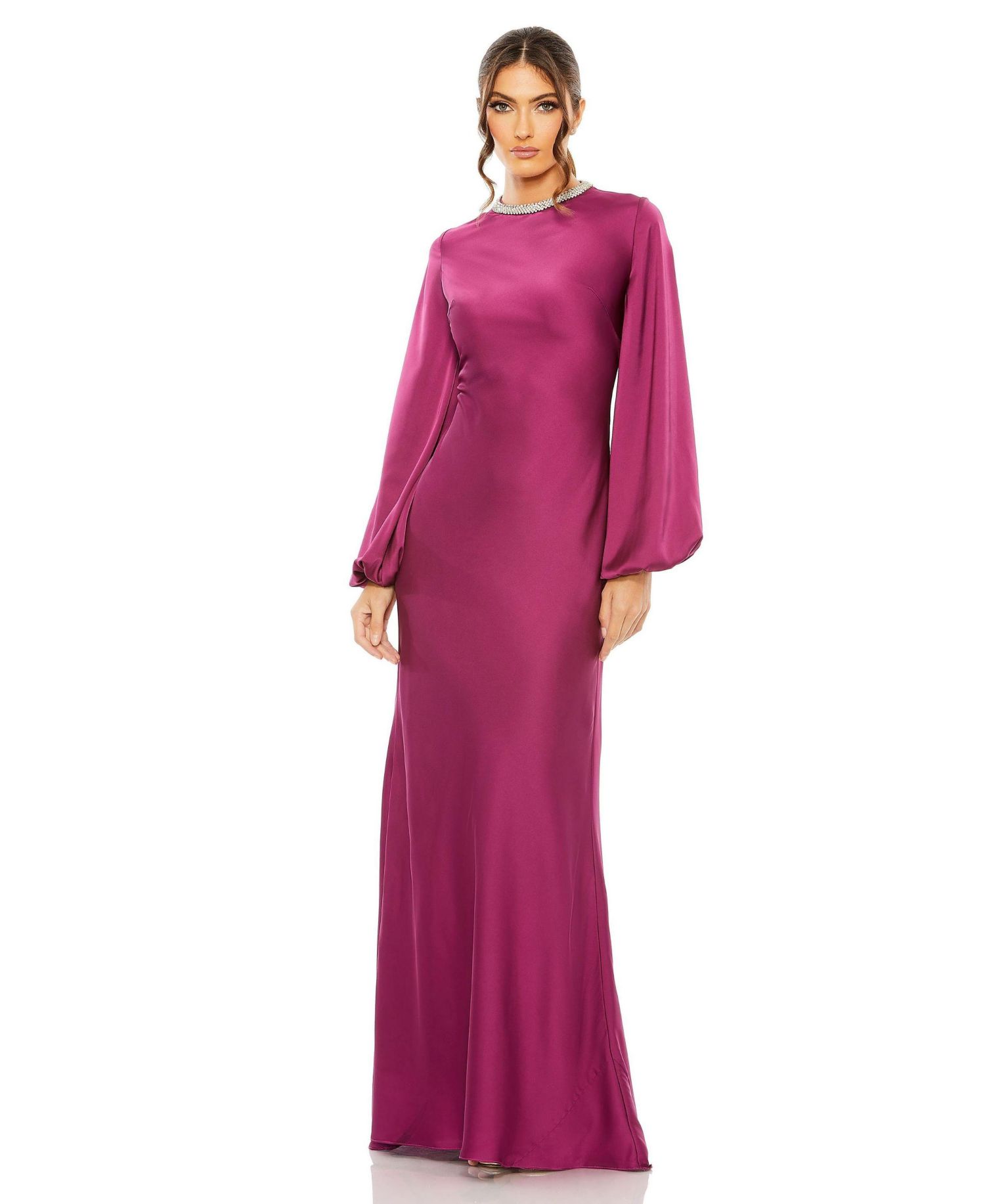 Women's Beaded High Neck Bishop Sleeve Satin Gown