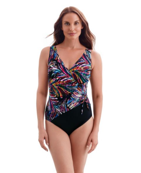 Женские купальники Longitude Women's Summer Waves Shirred Faux Tie Surplice Long Torso One-Piece Swimsuit
