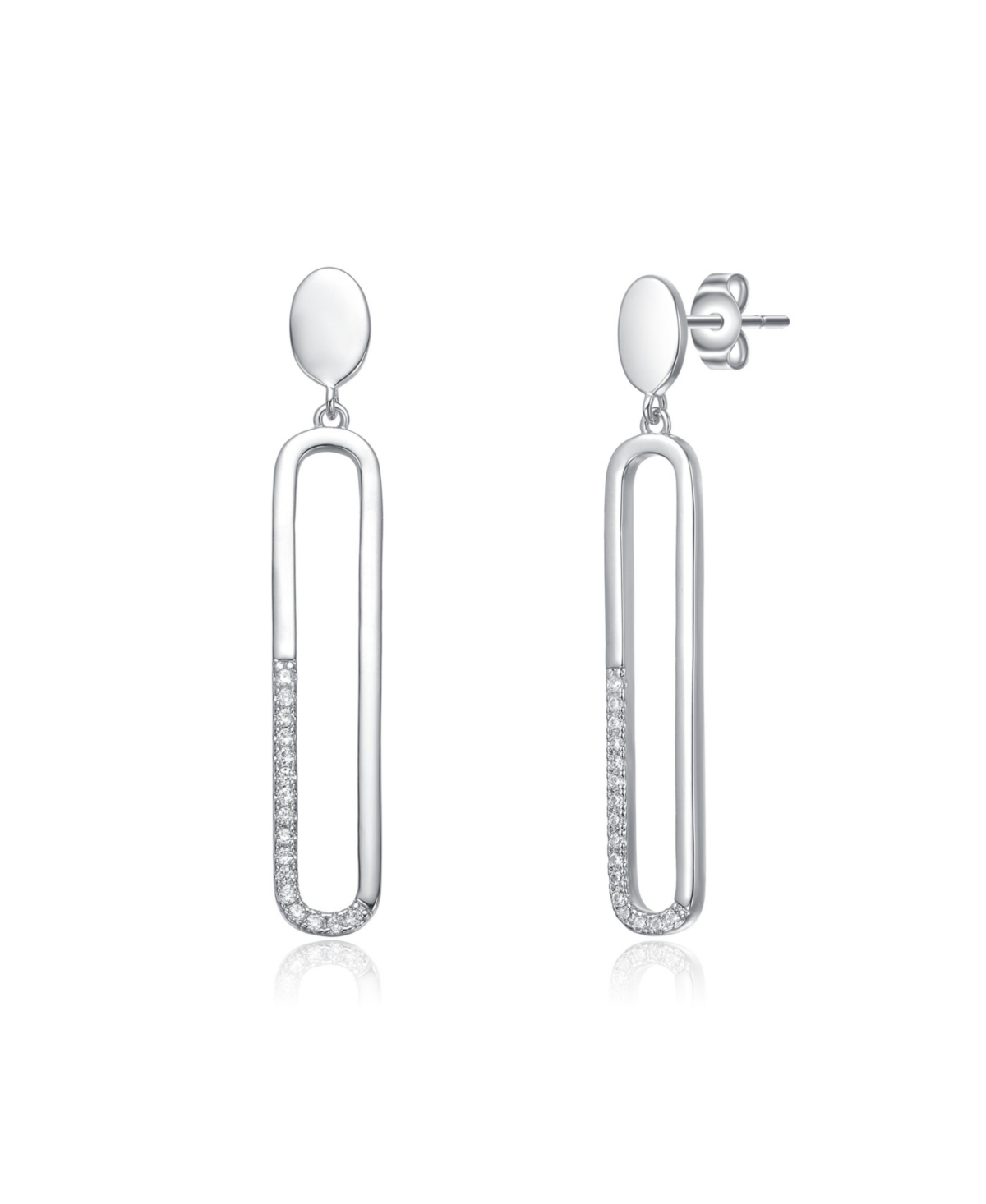 Sterling Silver with Clear Cubic Zirconia Pave Accents Oval Drop Earrings in White Gold Plated or 14K Gold Plated - White