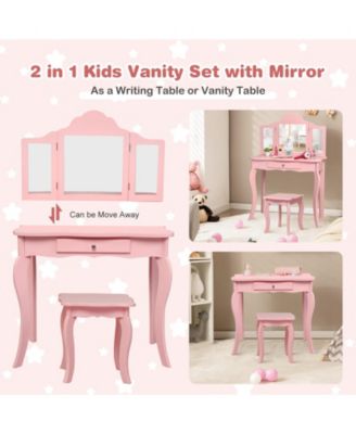 Kids Makeup Dressing Mirror Vanity Table Stool Set
