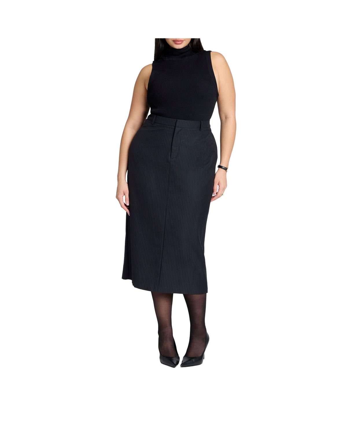 Plus Size Pinstripe Column Midi Skirt - Black white pinstripe