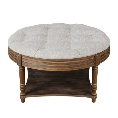  Round Waterproof Ottoman Table Tufted Storage Coffee Table with Shelf