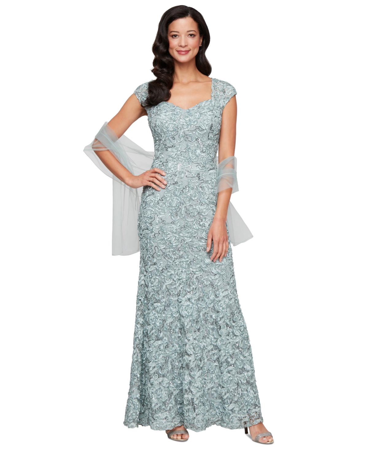 Petite Sequin Sweetheart Wrap Gown - Ice Sage