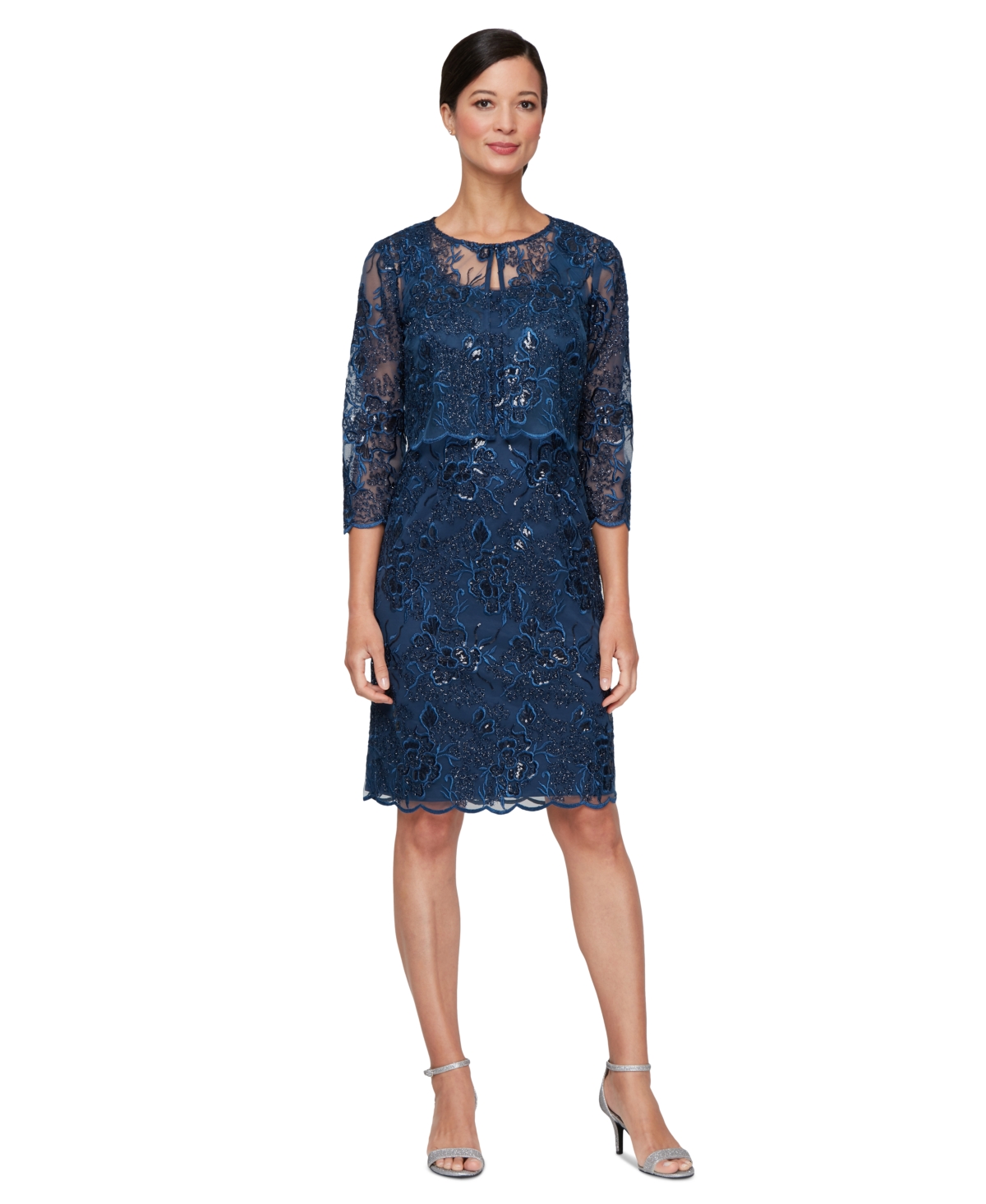 Alex Evenings Sequin Embroidered Floral Sleeveless Sheath Dress With Jacket In Navy