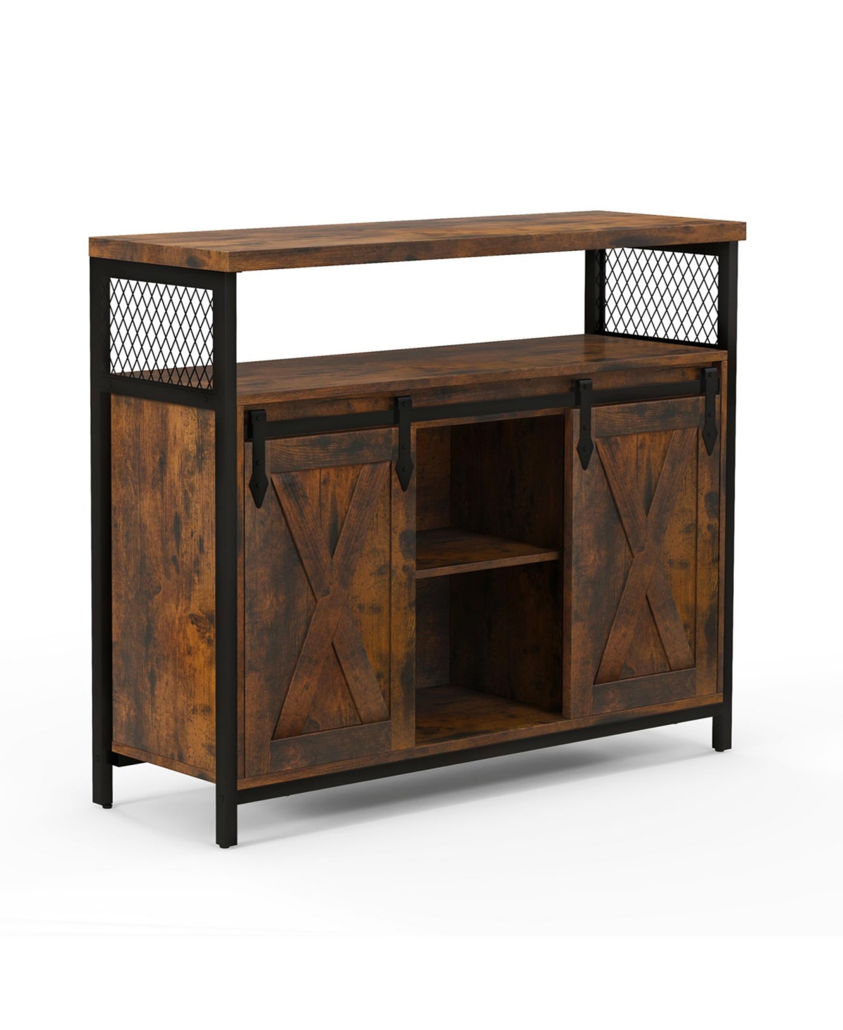 Buffet Cabinet with 3-Level Adjustable Shelves and 2 Sliding Barn Doors - Brown