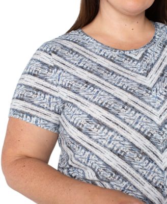 Liverpool Plus Size Ikat-Print Mitered Knit Short-Sleeve Top