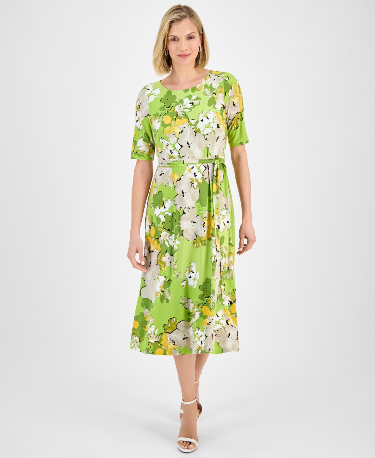 Women's Floral-Print Belted Fit & Flare Dress, Regular & Petite - Kiwi Multi