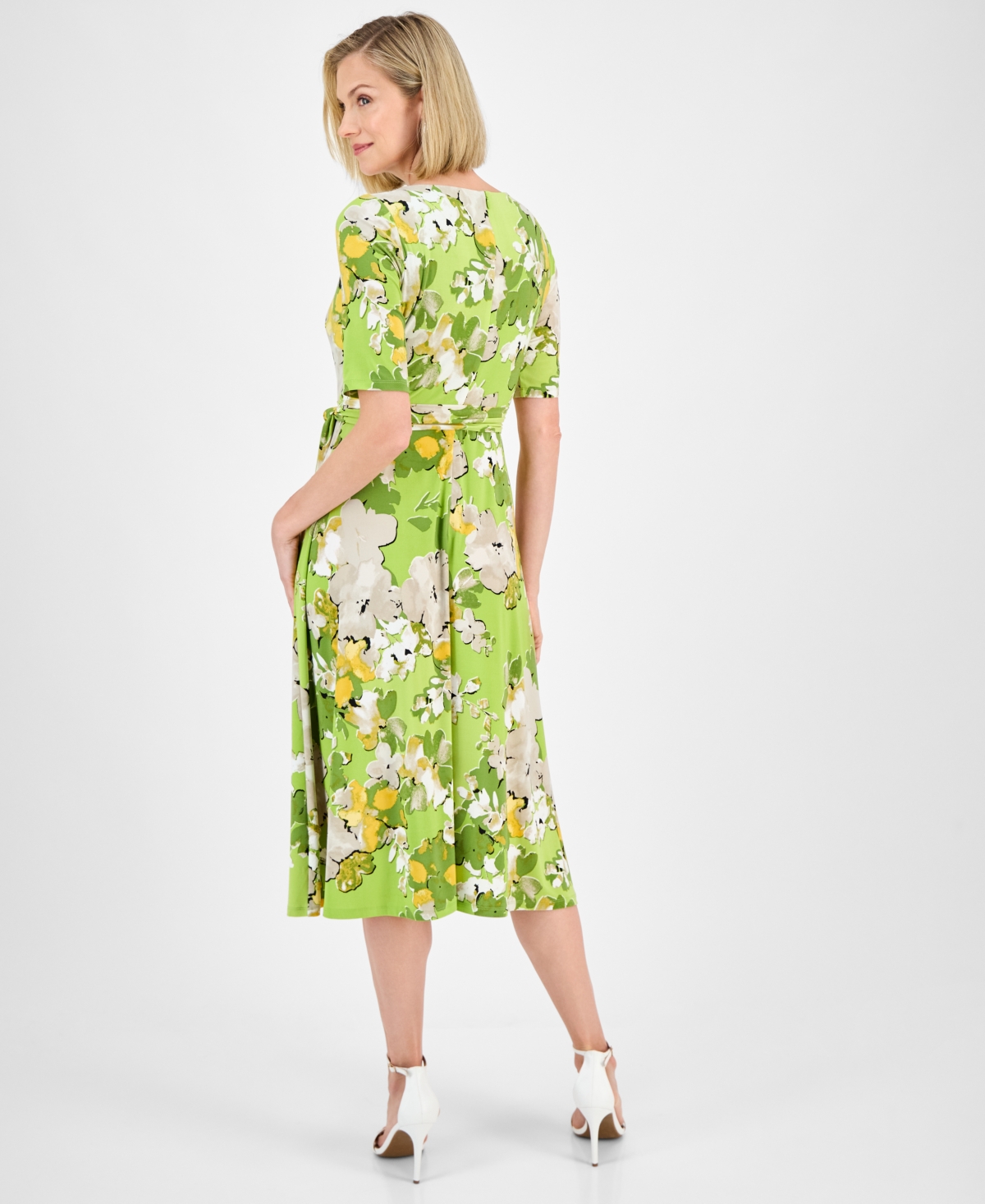 Kasper Plus Size Printed Tie-waist Midi Dress In Kiwi Multi