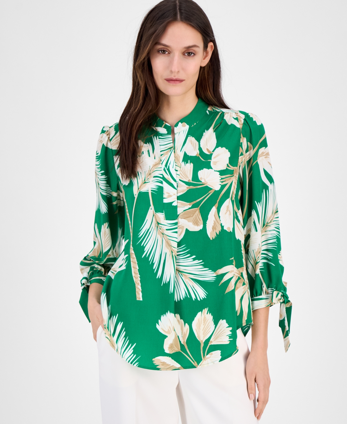 Petite Printed V-Neck Tie-Cuff Blouse - Tropical Green Multi