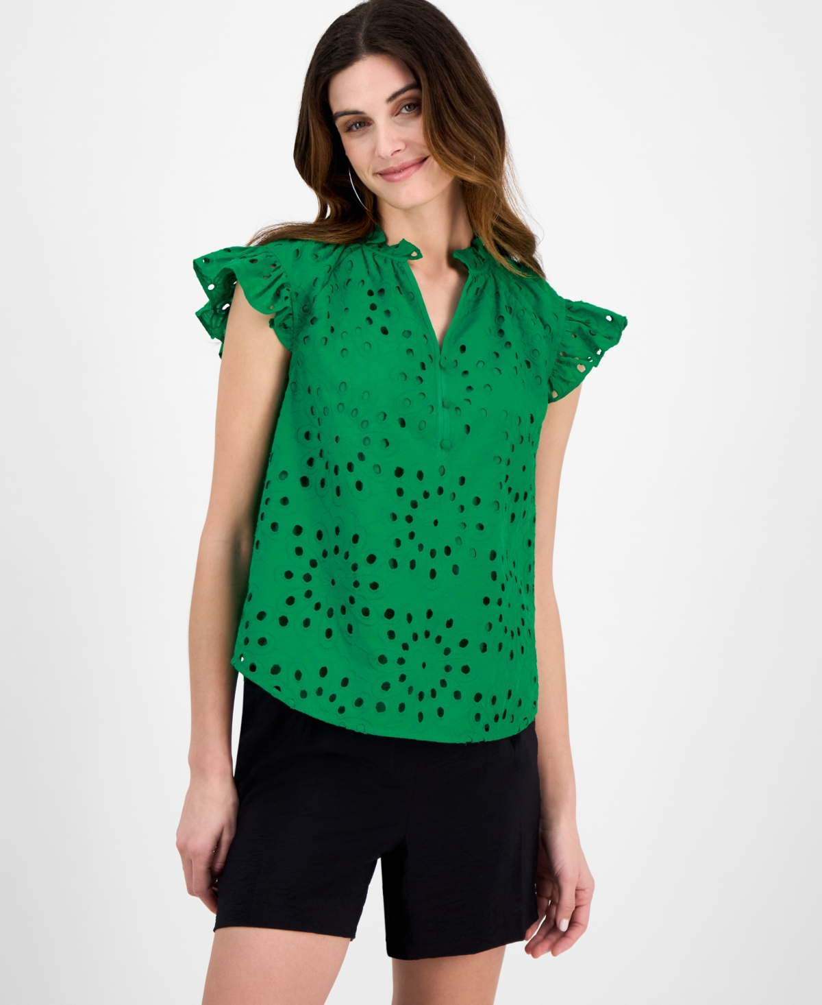 Anne Klein Women's Cotton Flutter-sleeve Eyelet Blouse