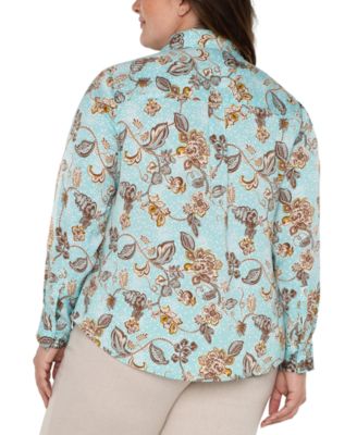 Liverpool Plus Size Floral-Print Woven Button Blouse