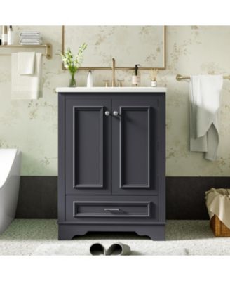 24" Freestanding Soft-Close Doors & Silver Handles – Modern Storage Bathroom Cabinet Vanity with Ceramic Sink