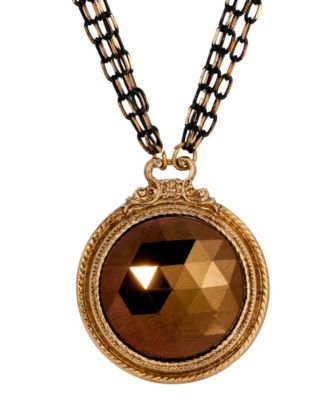 14K Gold Dipped Round Glass Topaz Pendant Two-Tone Chain Necklace