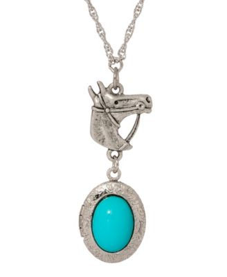 Faux Turquoise Oval Horse Locket Necklace