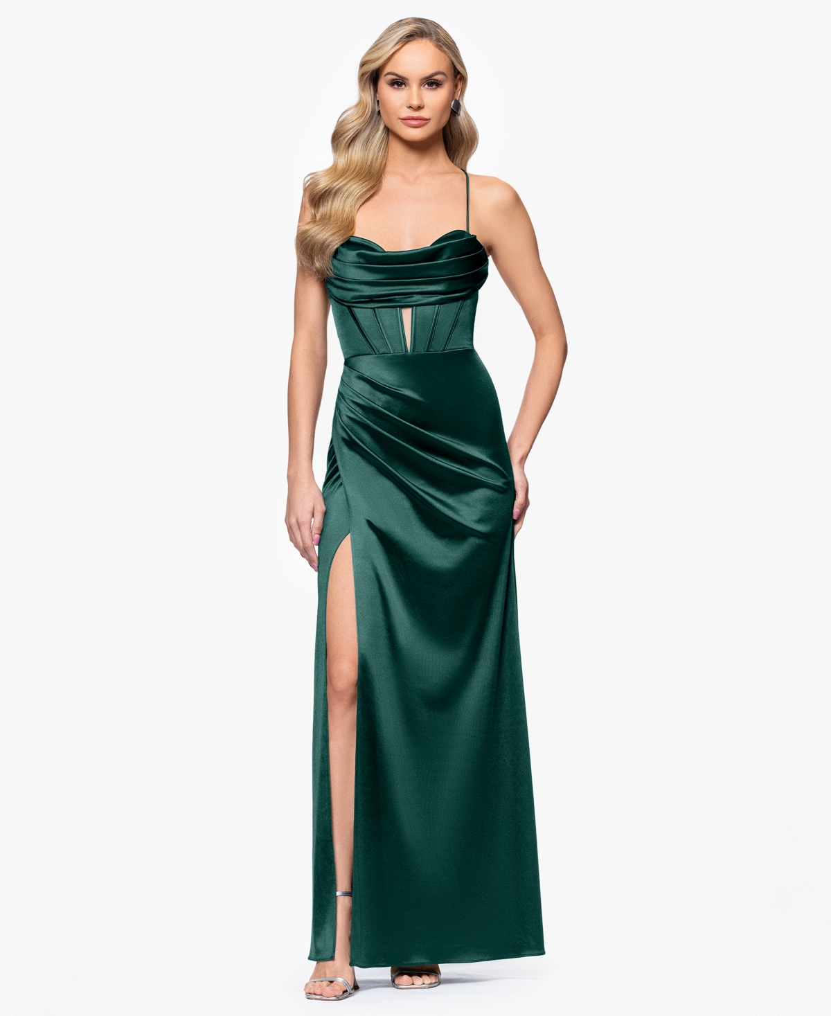 Juniors' Satin Corset-Waist Draped-Neck Gown - Hunter