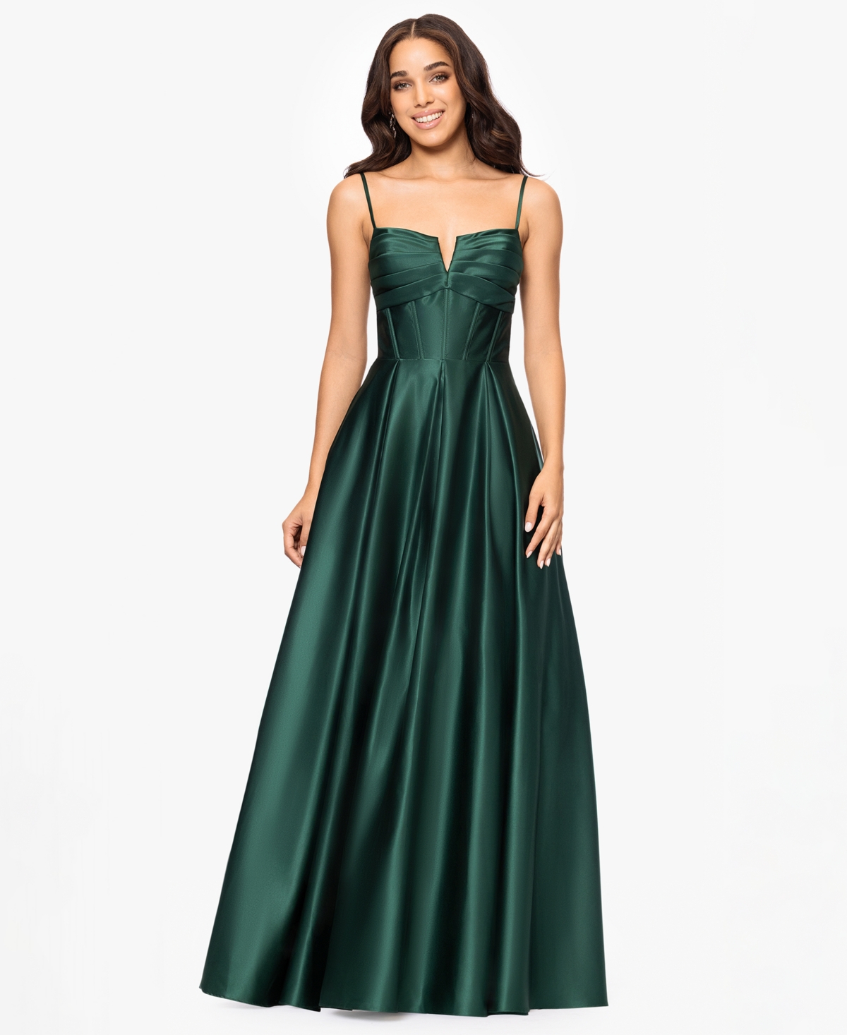 Juniors' Satin Notch-Neck Ball Gown - Hunter