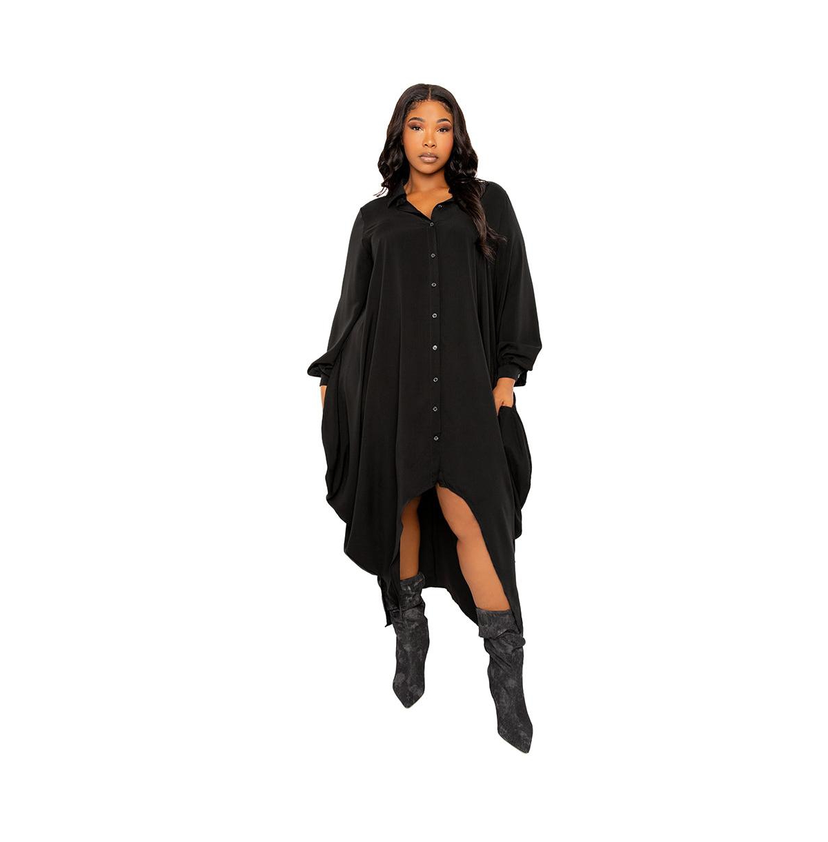 Women's Plus Size Drapy Shirt Maxi Dress - Black
