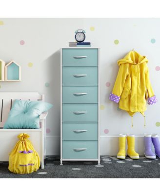 Narrow 6 Drawers Nightstand with Steel Frame, Wood Top, Easy Pull Fabric Bins