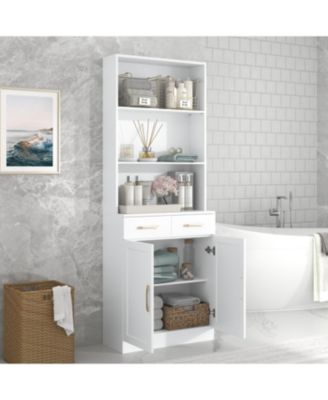 Bathroom Storage Cabinet, Cabinet with Two Doors and Drawers, Adjustable Shelf, Three-layer Open Shelf, MDF Board, White