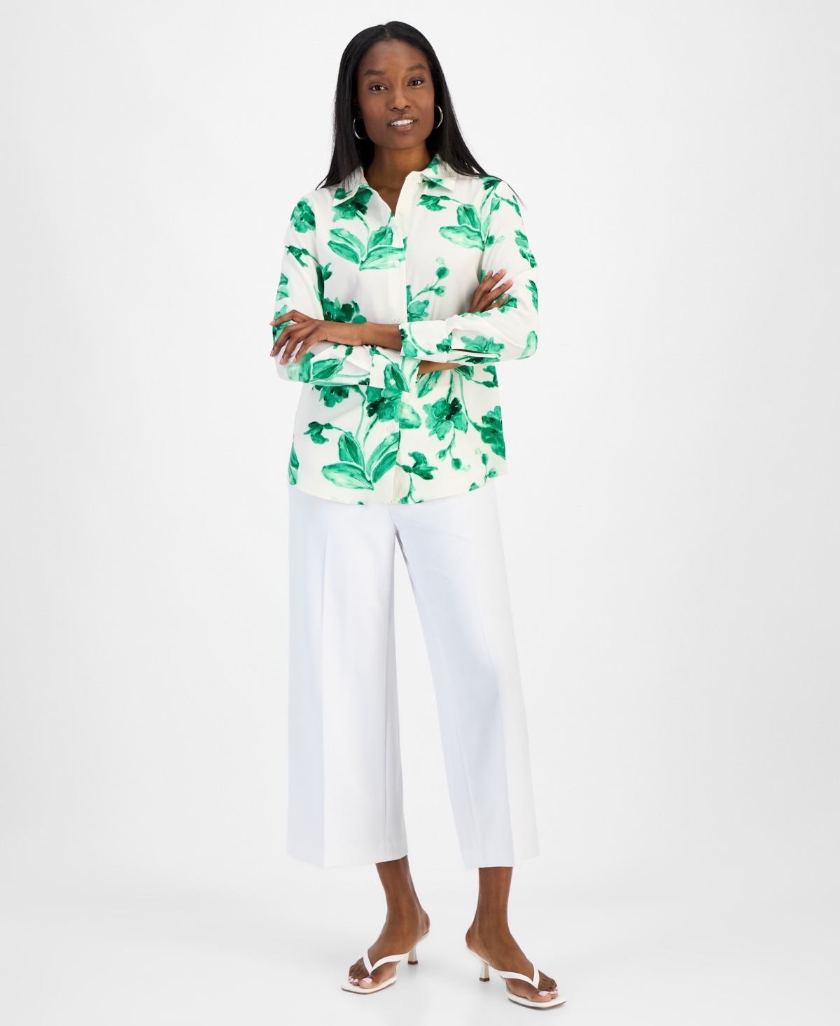 Bar Iii Womens Printed Button Front Blouse Pull On Cropped Pants Exclusively At Macys In Green Chili Multi