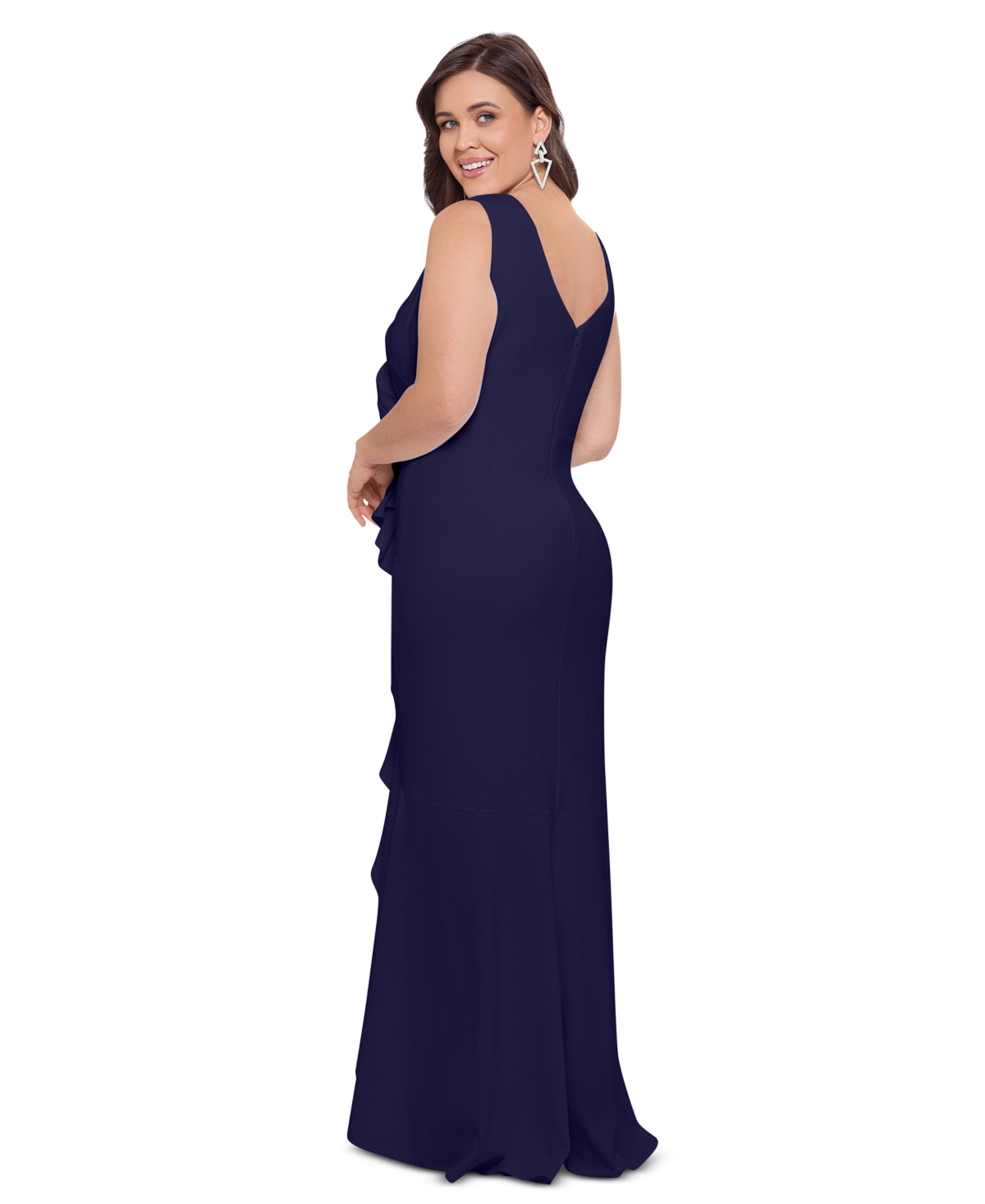 Betsy & Adam Plus Size Sleeveless Ruffled High-low Gown In Navy