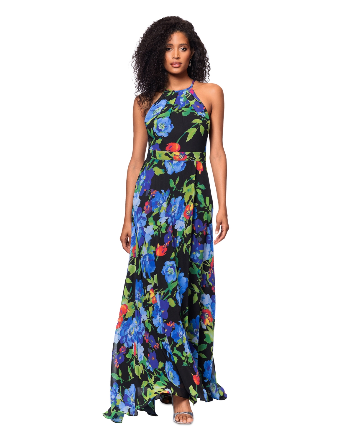 BETSY & ADAM BETSY & ADAM PETITE PRINTED PLEATED SLEEVELESS DRESS 