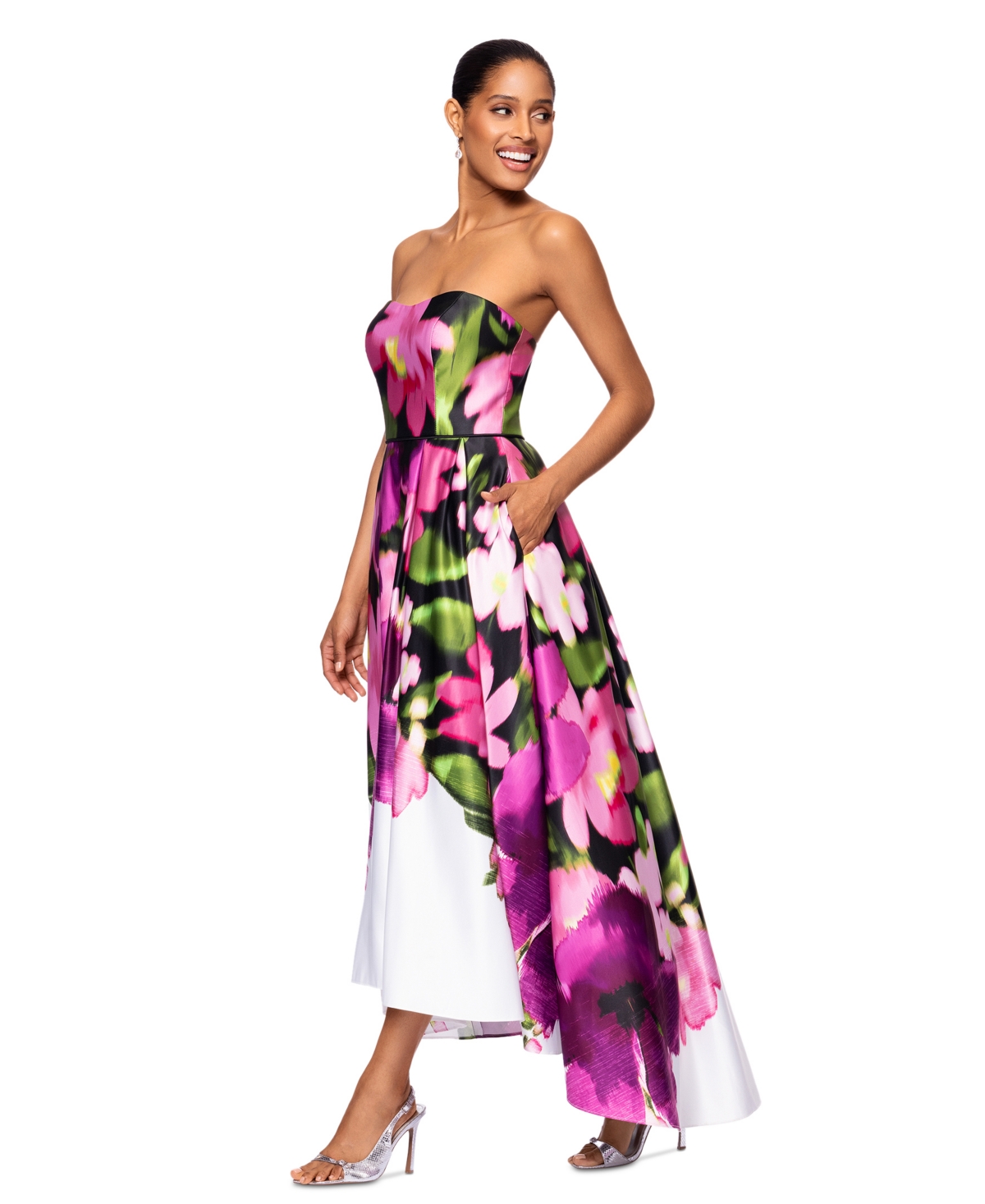 Shop Betsy & Adam Women's Floral Print Strapless Ball Gown In White Multi