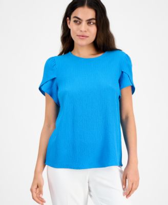 AK Anne Klein - Petite Tulip-Sleeve Jewel-Neck Top