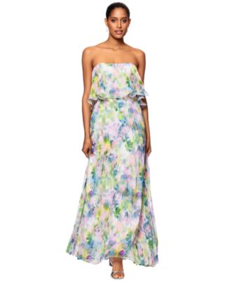 Betsy & Adam Women's Printed Pleated Strapless Gown - Macy's