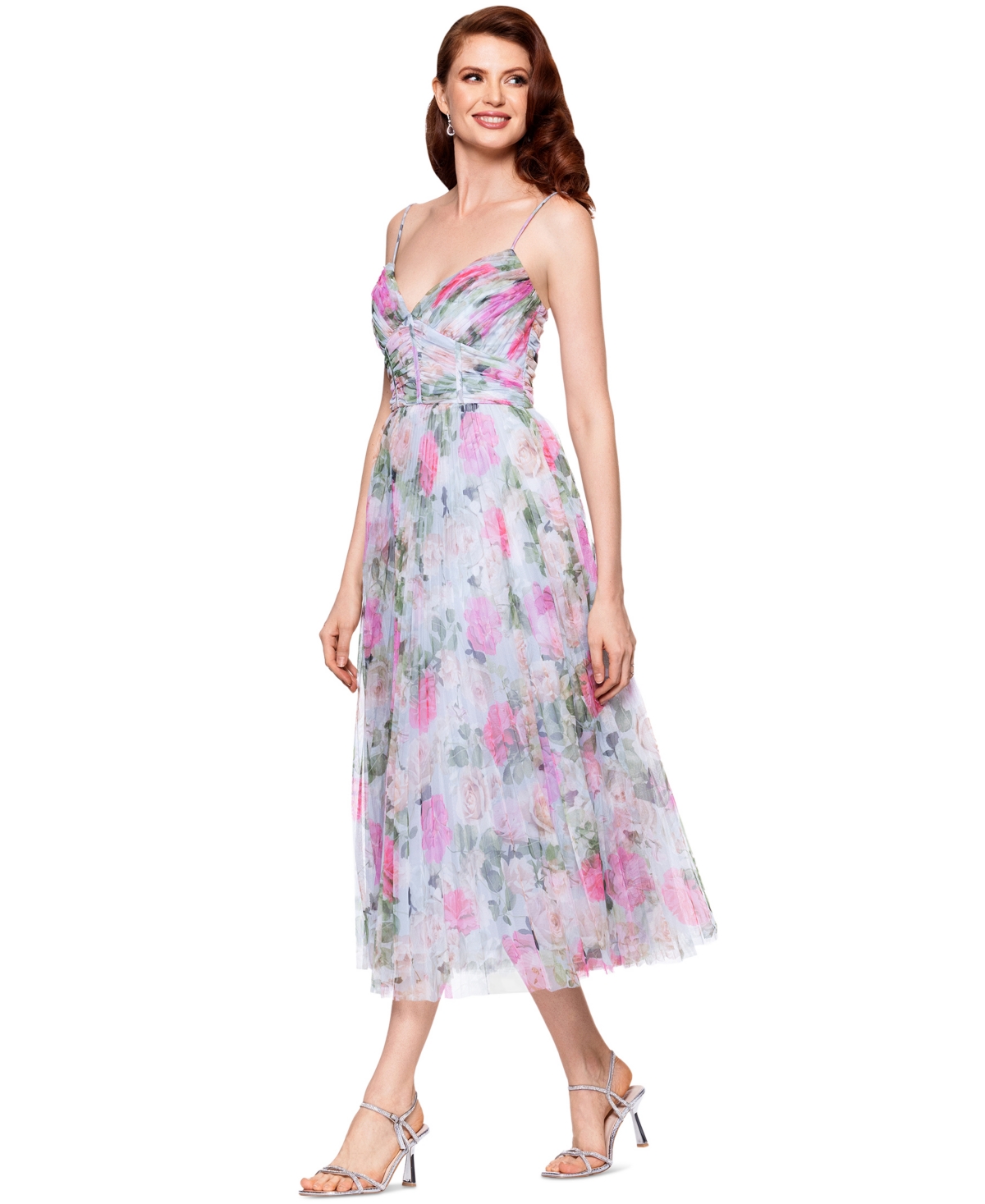 BETSY & ADAM WOMEN'S PLEATED FLORAL PRINT CHIFFON MIDI DRESS 
