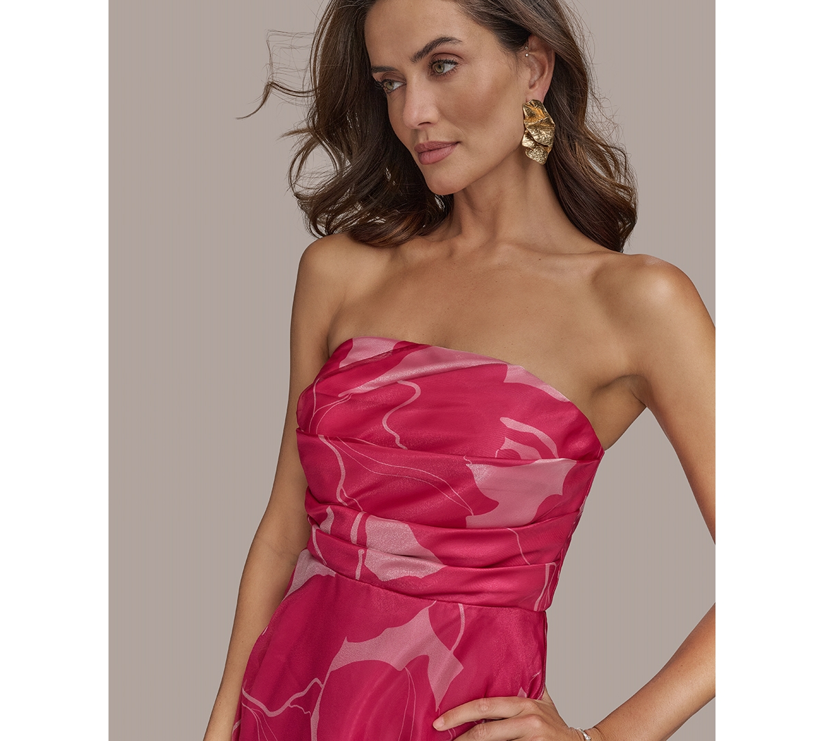 Donna Karan Floral Strapless Gown In Hot Fuchsia,ivory