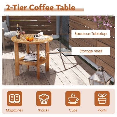 Patio Teak Wood End Table with Round Top and Lower Storage Shelf