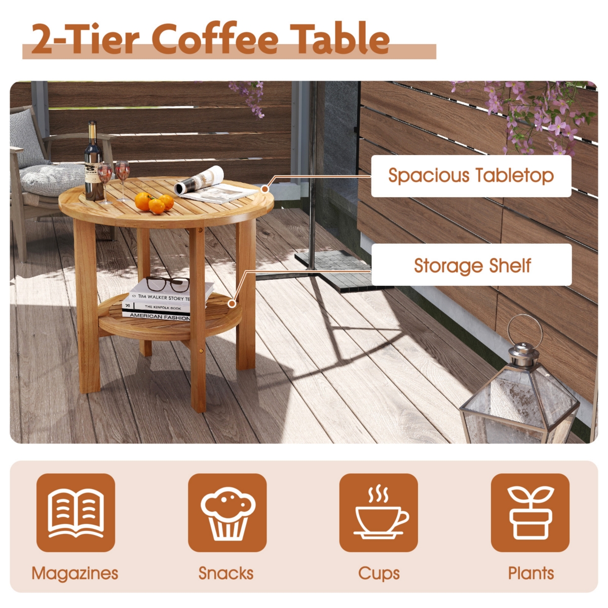 Patio Teak Wood End Table with Round Top and Lower Storage Shelf