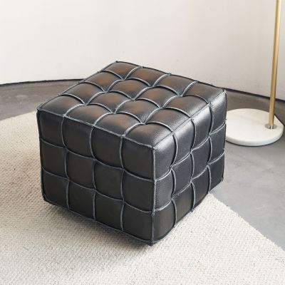 17.32"W Genuine Leather Tufted Ottoman,Footstool for Living Room & Bedroom,Black Color