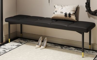 Streamdale 59" Black Shoe Bench with Gold Accents Faux Leather Cushion, Metal Legs