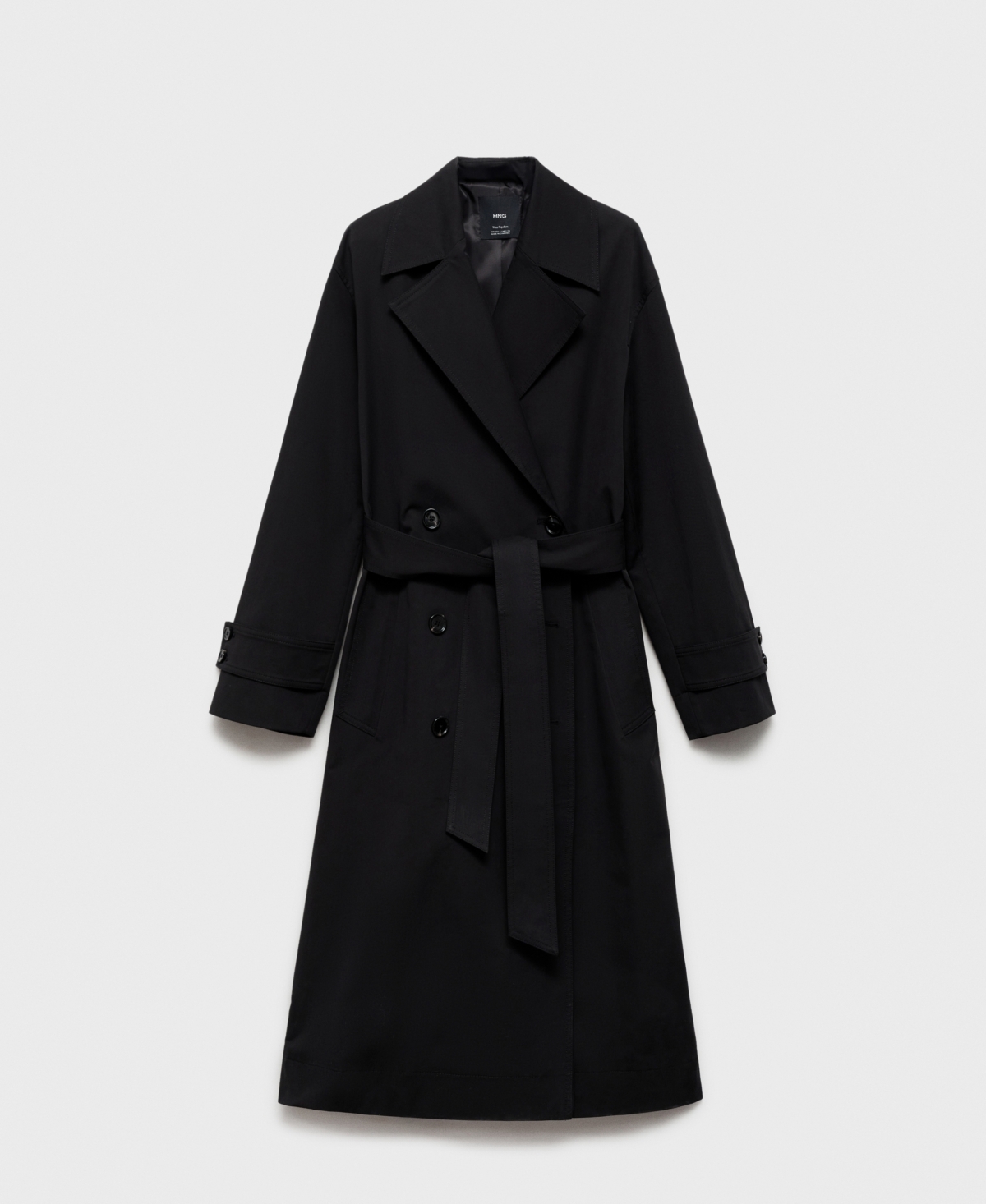 Mango Oversize Tie Waist Double Breasted Trench Coat In Black