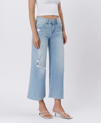 Women's High Rise Two Buttons Crop Wide Leg Jeans