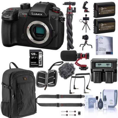 LUMIX GH5II Mirrorless Camera Bundle with 128GB SD Card, Backpack, 2x Extra Battery, Dual Charger, Shoulder Strap, Mic, Octopus Tripod and