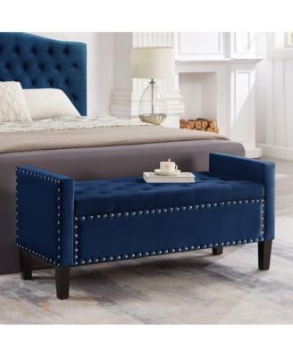 Upholstered Velvet Storage Bench with Nailhead Trim for Entryway, Bedroom & Living Room