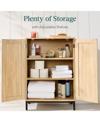 2-Door Natural Rattan 34 x 24in Storage Cabinet for Bathroom, Living, Dining w/ Adjustable Shelves
