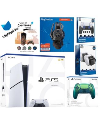 Playstation 5 Slim Disc Bundle with Extra Chroma Teal Controller, Plantronics Headset, FPS Grip Kit, Dual Charge Dock and MightySkins Decal Vouch
