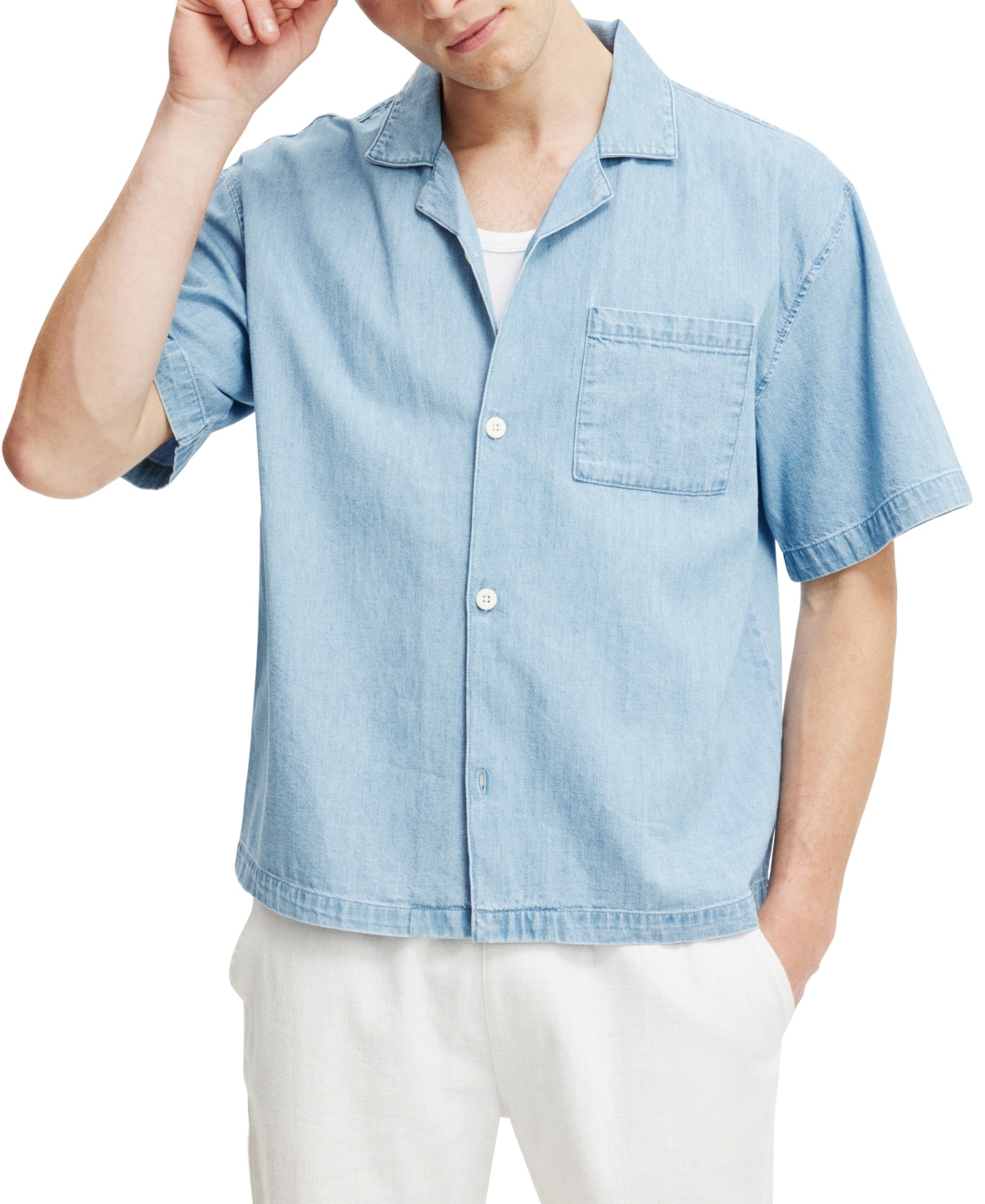 Shop Cotton On Men's Denim Box Fit Short Sleeve Shirt In Light Blue