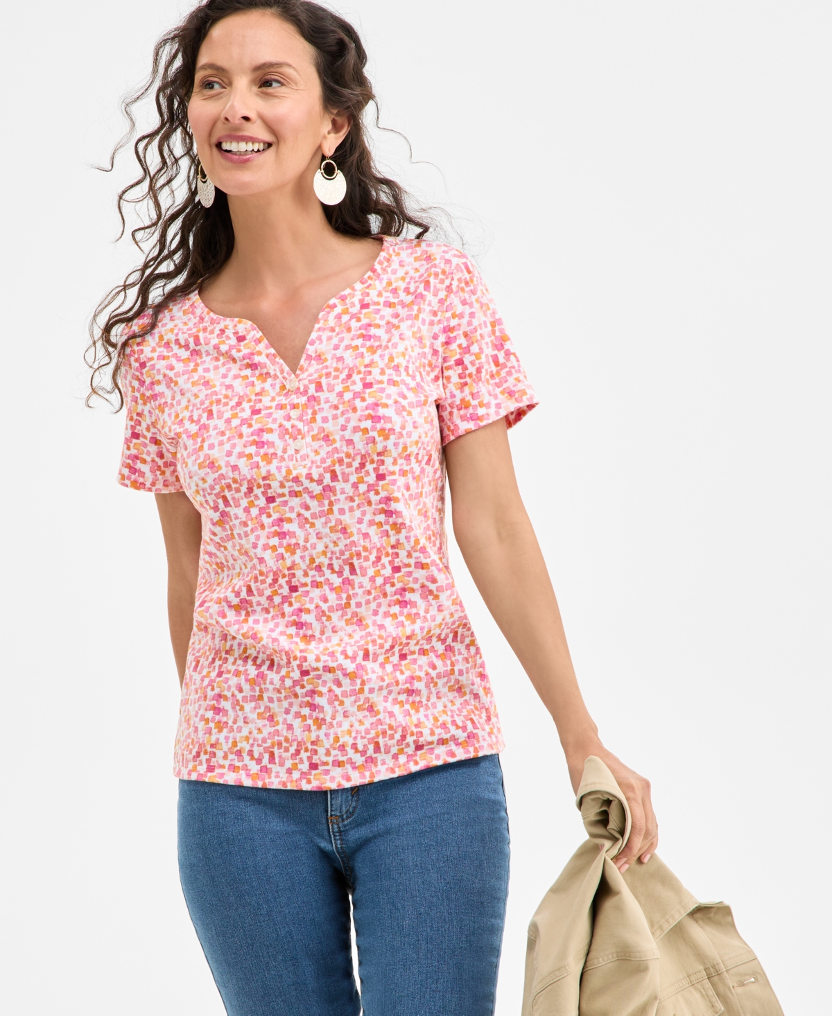 Women's Printed Short-Sleeve Henley T-Shirt, Exclusively at Macy's - Squares Pink