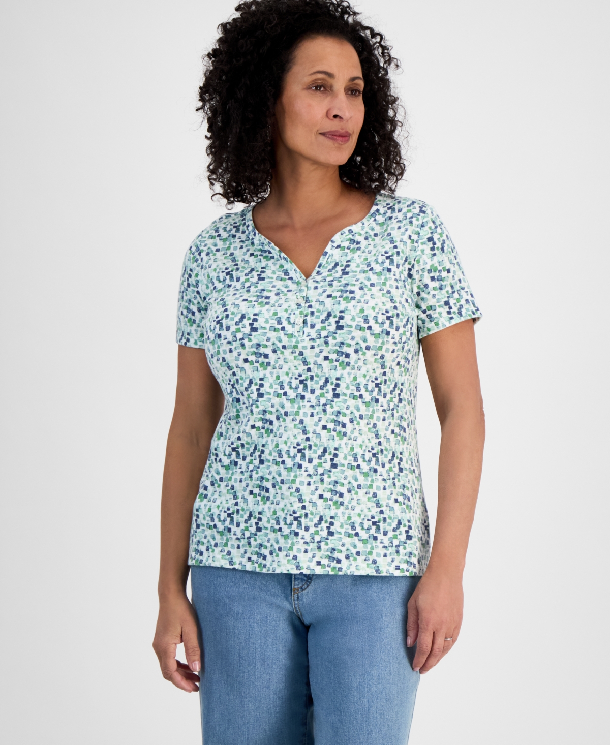 Women's Printed Short-Sleeve Henley T-Shirt, Exclusively at Macy's - Squares Green